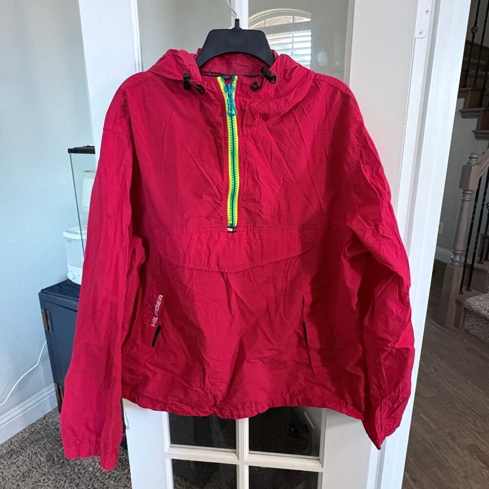 VTG Tommy Hilfiger Windbreaker Preppy Retro GORPCORE  Red Hooded Anorak L Unisex